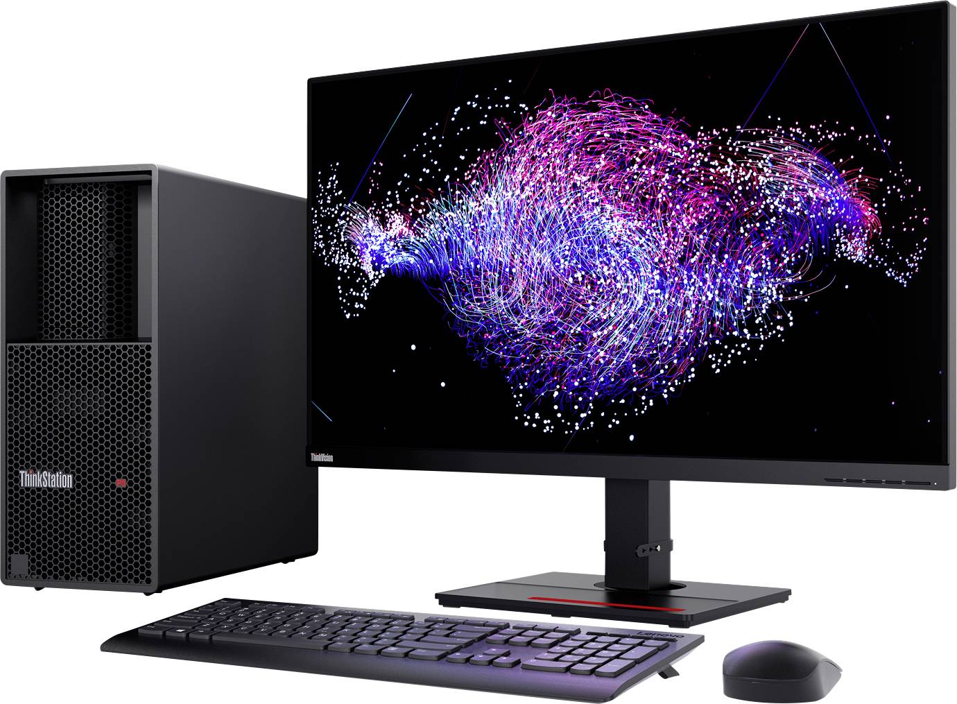 Ein Desktop-Computer mit Monitor zeigt bunte, wirbelnde Datenvisualisierung. Tastatur und Maus sind vor dem Bildschirm platziert.