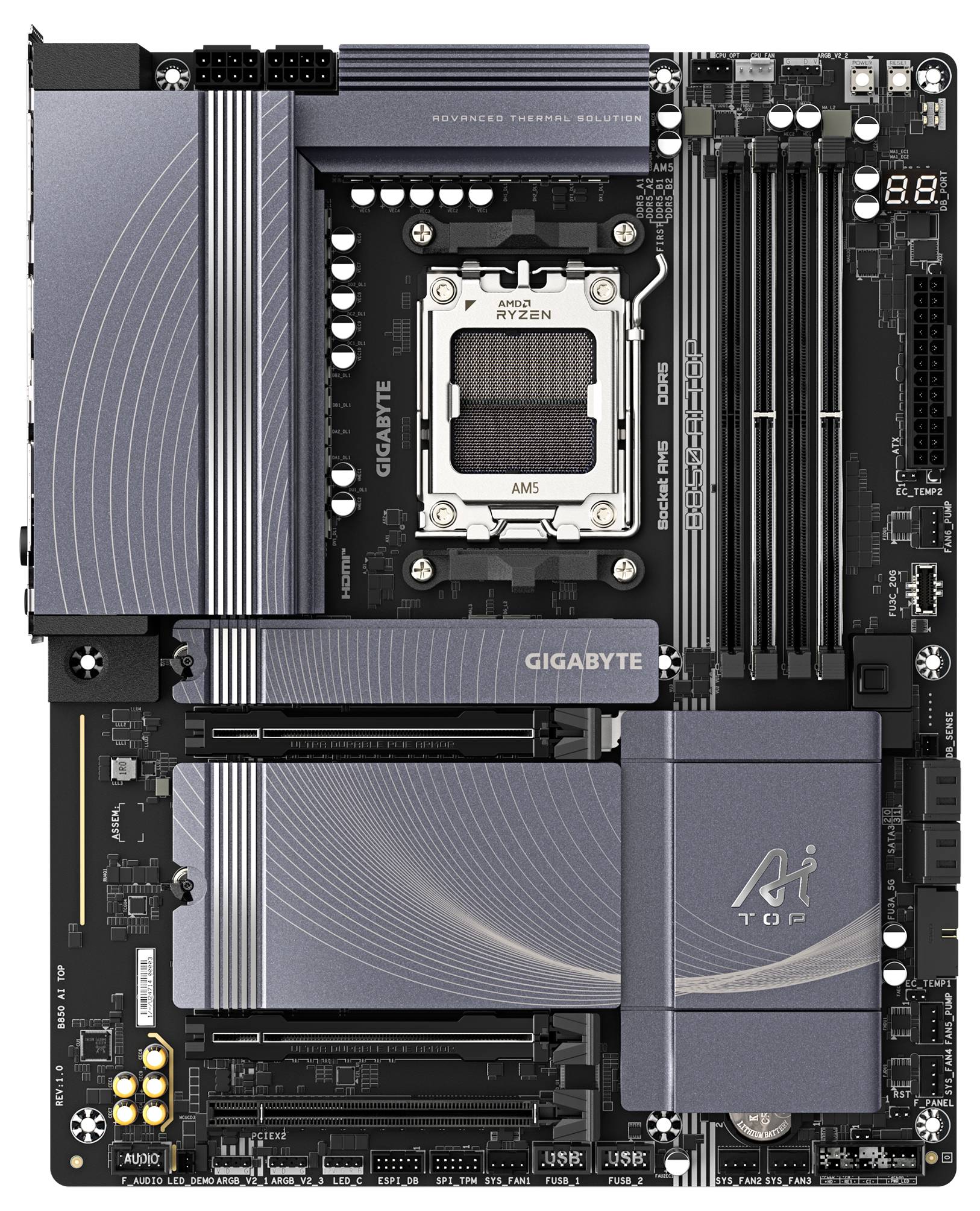Mainboard GIGABYTE mit AM5-Sockel für Ryzen-CPUs, mehrfacher RAM-Support, erweiterte Kühltechnologie, PCIe-Steckplätze.