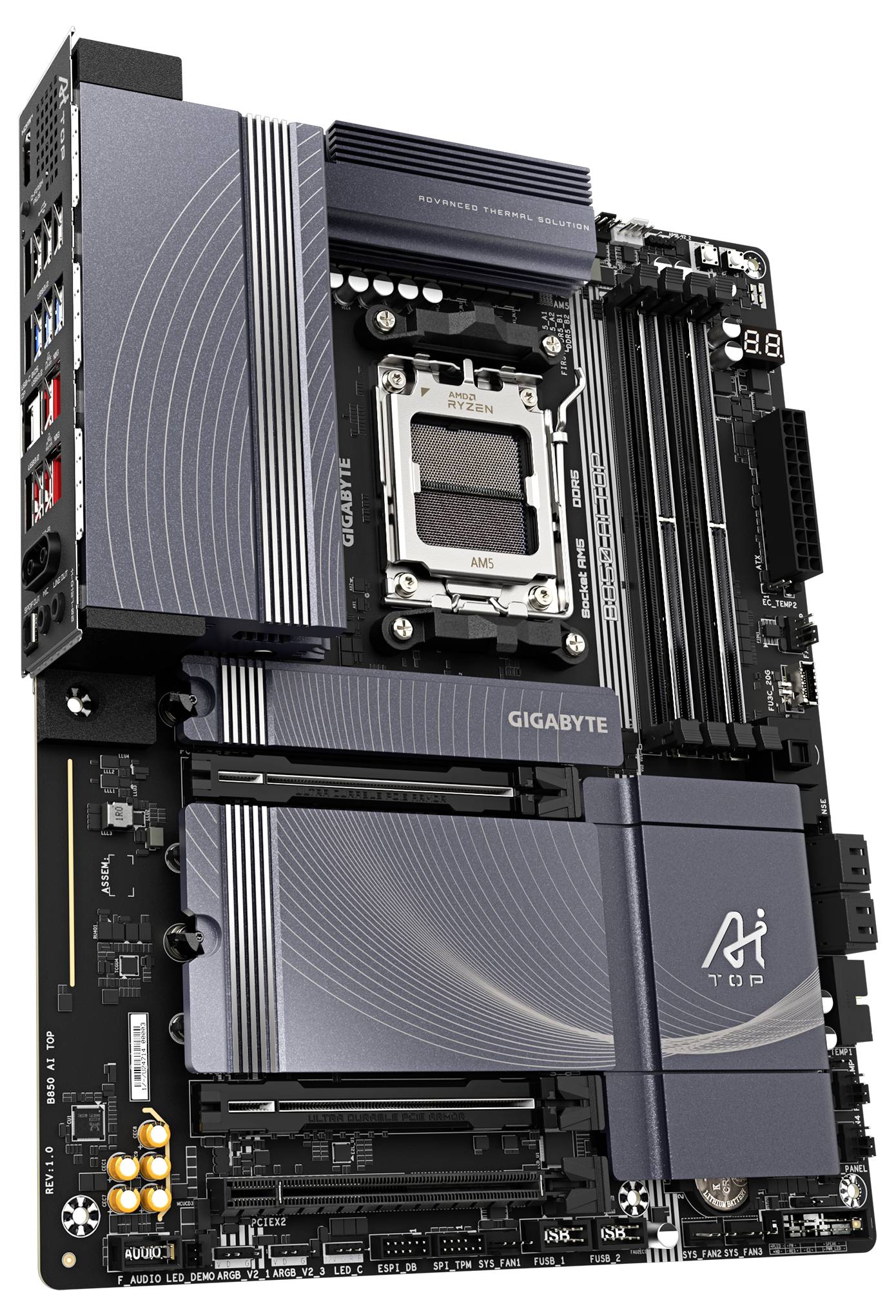 Eine Computer-Motherboard mit mehreren Anschlüssen, Speichersteckplätzen und einem CPU-Sockel. Markenname ist erkennbar.