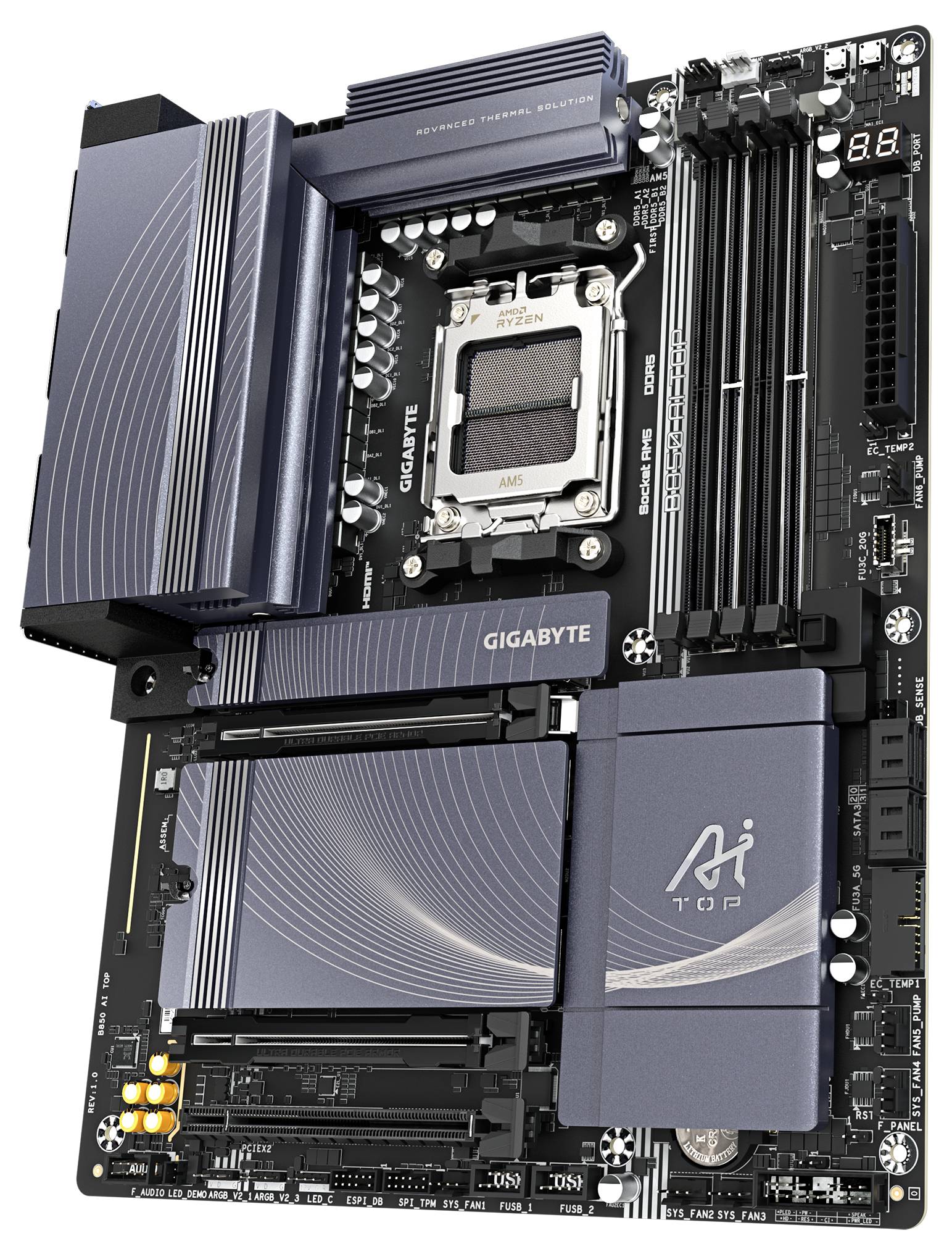 Ein Motherboard mit mehreren RAM-Steckplätzen, einem CPU-Sockel und verschiedenen Anschlüssen. Markenname und Modell sind erkennbar.