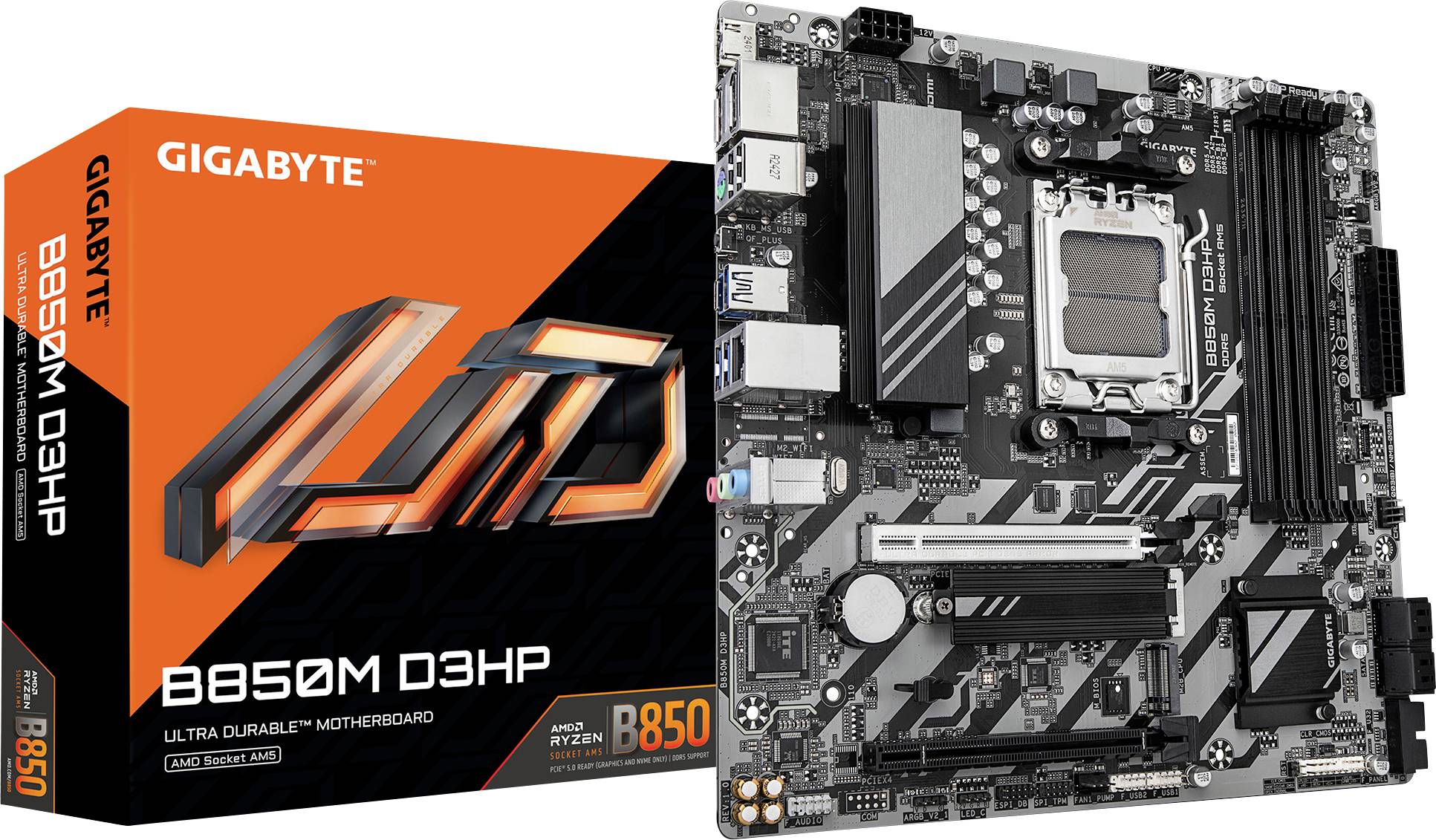 Gigabyte B850M D3HP Mainboard und Verpackung mit Branding und technischen Details. Entworfen für AMD Ryzen-Prozessoren.