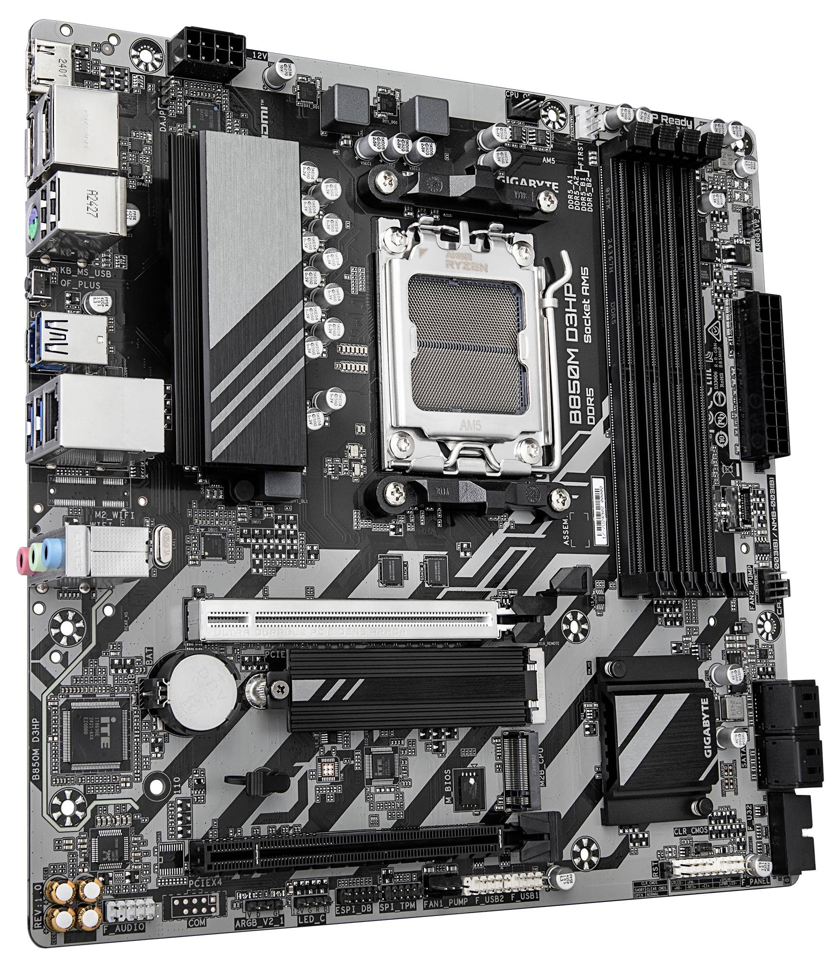 Eine Computer-Motherboard mit verschiedenen Steckplätzen und Anschlüssen, geeignet für den Einsatz in Desktop-Systemen.