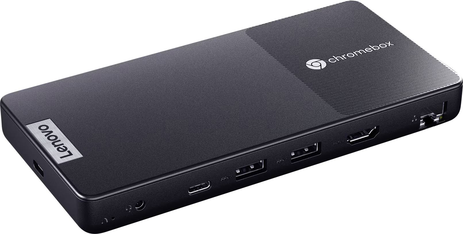 Ein schwarzer Lenovo Chromebox mit verschiedenen Anschlüssen, darunter USB, HDMI und Audio. Das Gerät ist kompakt und rechteckig.