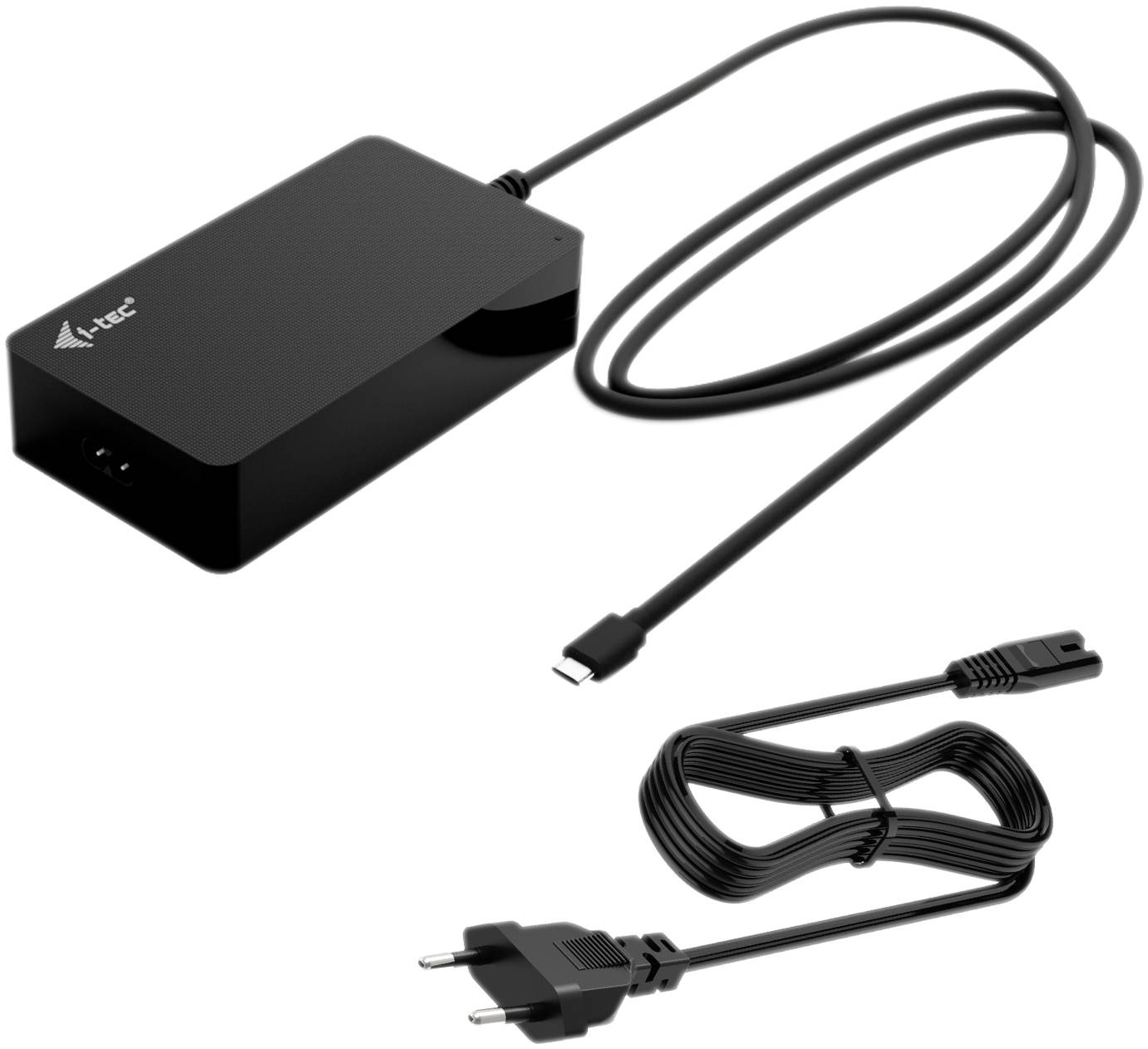 Schwarzes Netzteil mit zwei Kabeln; eines mit USB-C-Anschluss, das andere mit europäischem Stecker. Markenlogo auf Gehäuse.