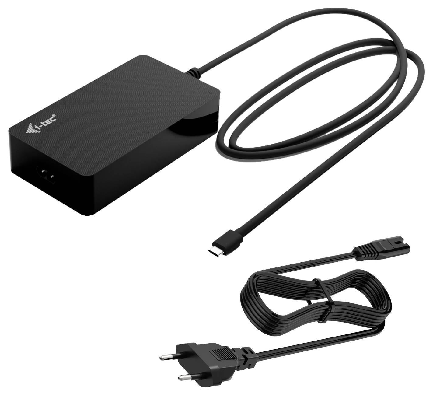 Externes Netzteil mit USB-C-Ausgang und Netzkabel. Geeignet zur Stromversorgung von Geräten. Schwarzes, rechteckiges Design.