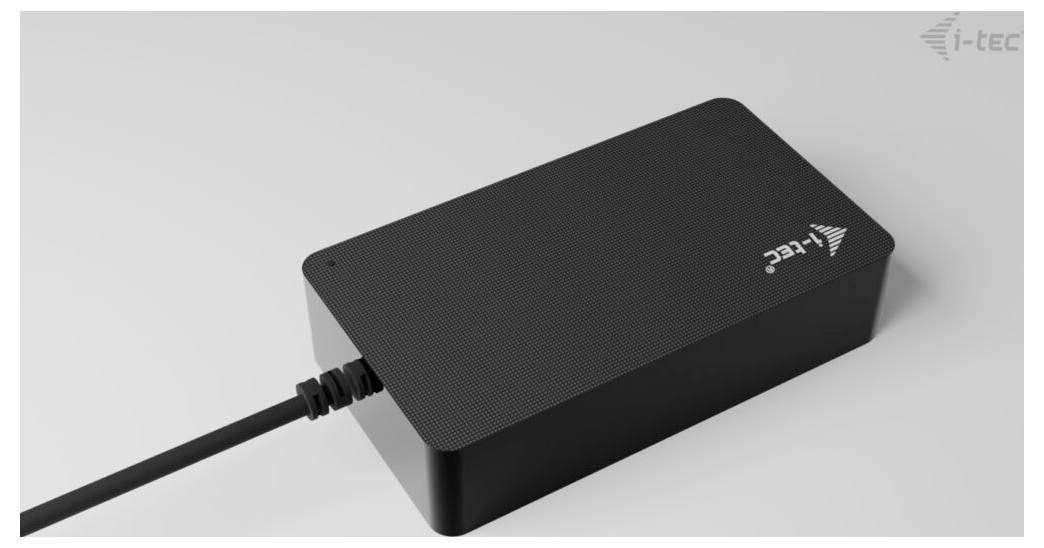 Ein rechteckiges schwarzes Ladegerät mit einem angeschlossenen Kabel liegt auf einem weißen Hintergrund. Oben rechts das Logo 'i-tec'.