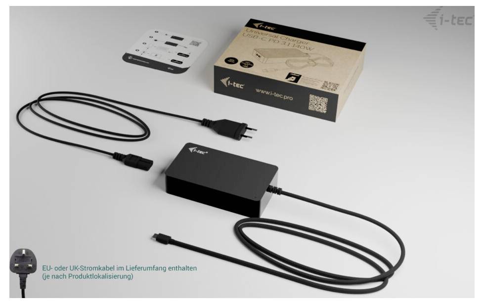 Laptop-Netzteil mit Kabeln und Stecker auf einem Tisch neben einer Verpackung mit der Aufschrift 'USB-C CHARGER 112W'. Enthält EU- oder UK-Steckeroption.