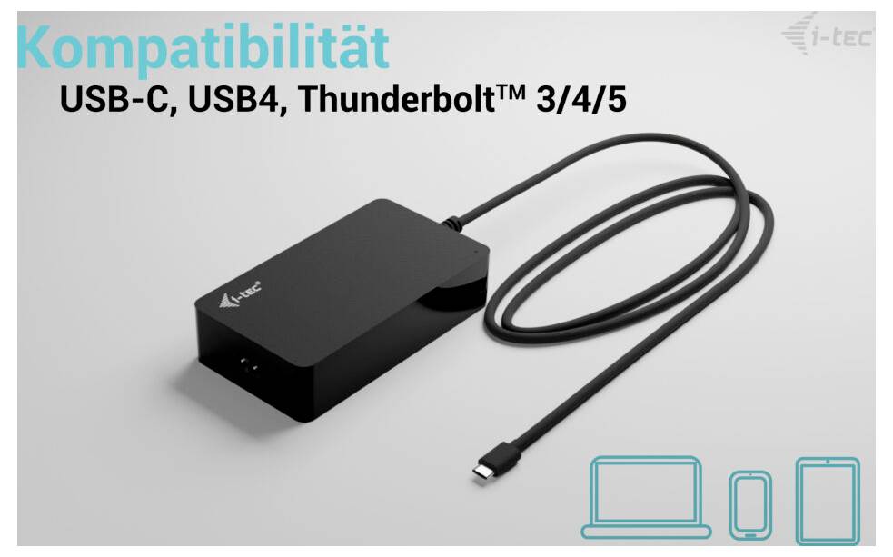 Schwarzes USB-C-Dock mit Kabel, textlich kompatibel mit USB-C, USB4, Thunderbolt 3/4/5. Symbole für Laptop und Monitor unten rechts.