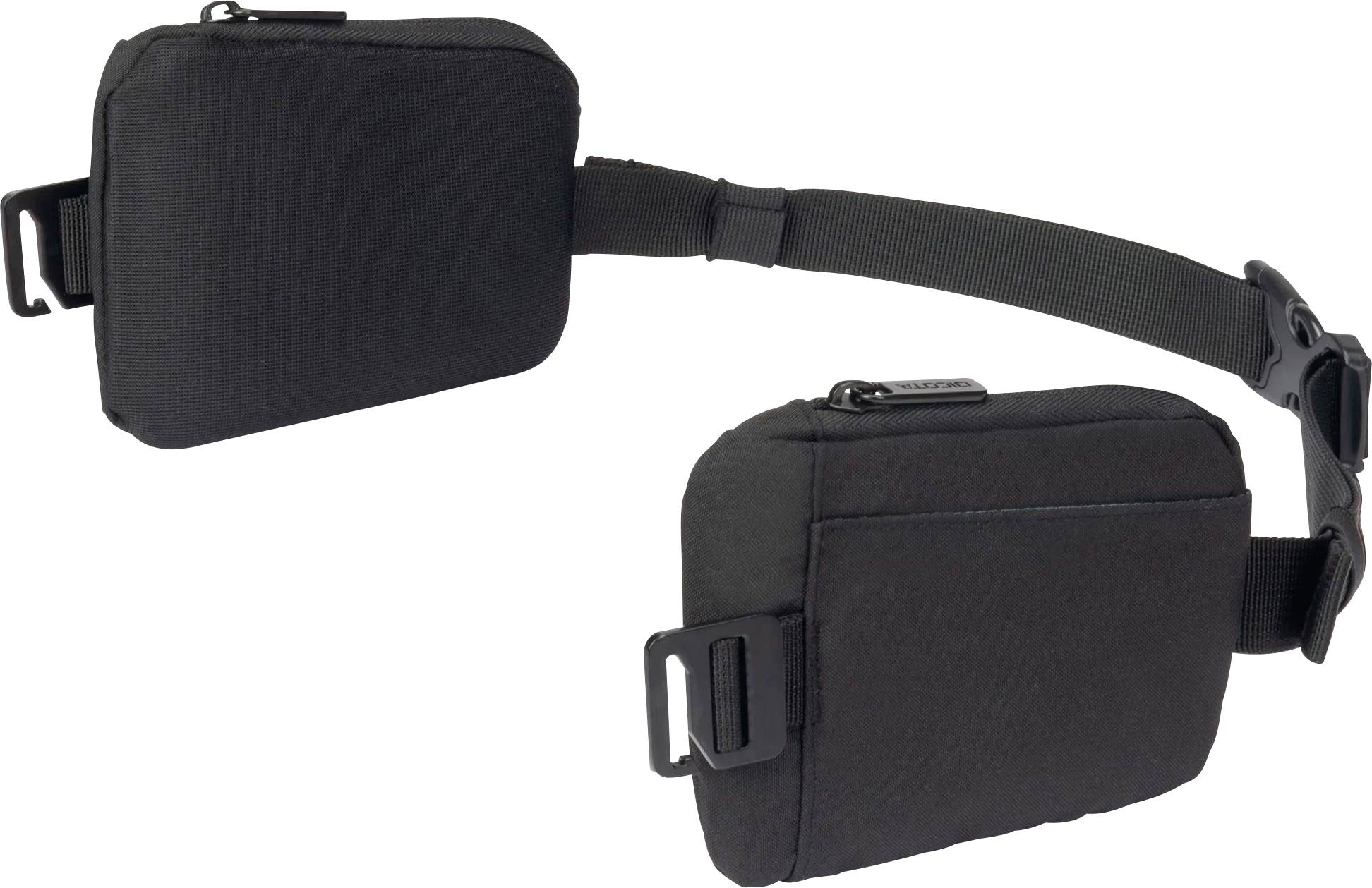 Eine schwarze Gürteltasche mit zwei Fächern und verstellbarem Riemen, ideal für Outdoor-Aktivitäten und Reisen.