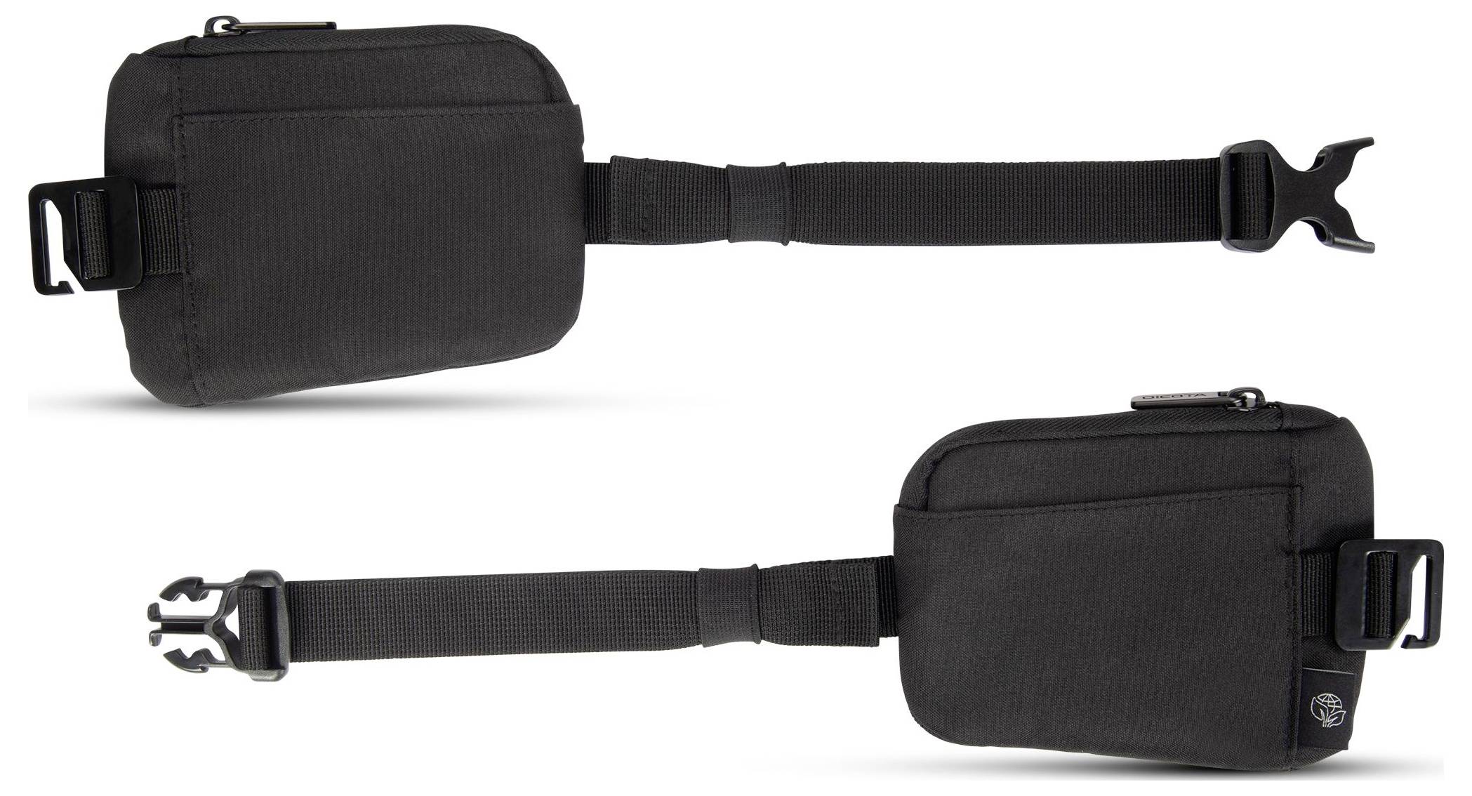 Zwei schwarze Gürteltaschen mit verstellbaren Gurten und Klickverschlüssen. Sie sind schlicht und funktional gestaltet.