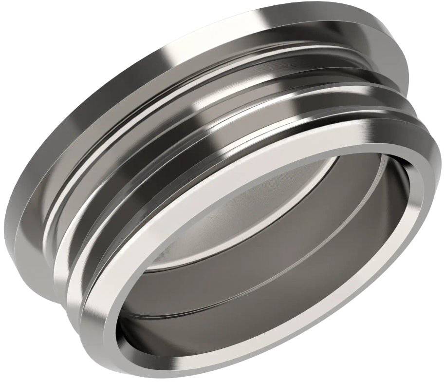 Ein silbernes, kreisförmiges Metallteil mit mehreren Rillen und Ringen. Es sieht aus wie ein Maschinenteil oder eine Komponente.