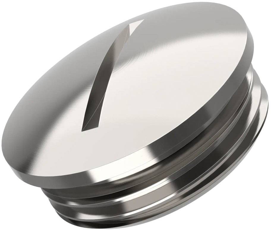 Metallener Schraubverschluss mit Schlitz für Werkzeug. Zylindrische Form und glänzende Oberfläche, wahrscheinlich für technische Anwendungen.