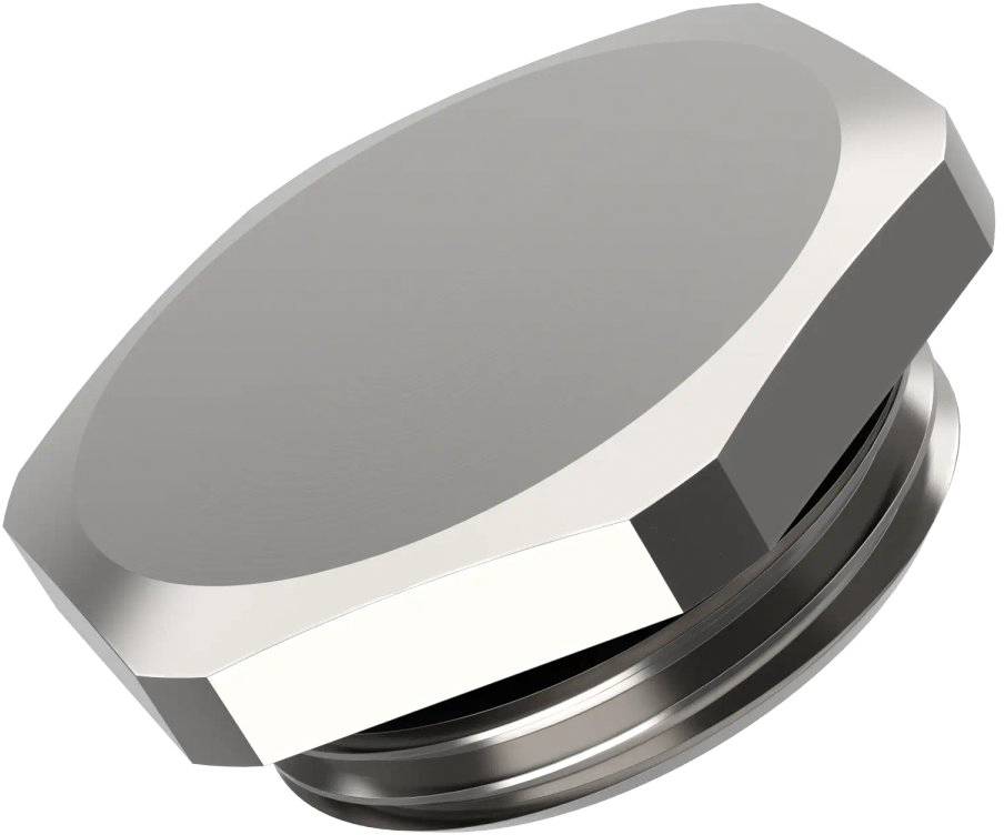 Eine sechseckige Metallschraube mit flachem Kopf, außen silbern glänzend, für industrielle oder technische Anwendungen.