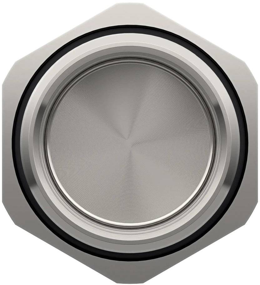 Nahaufnahme eines runden, metallischen Drehknopfes mit feinen konzentrischen Kreisen.