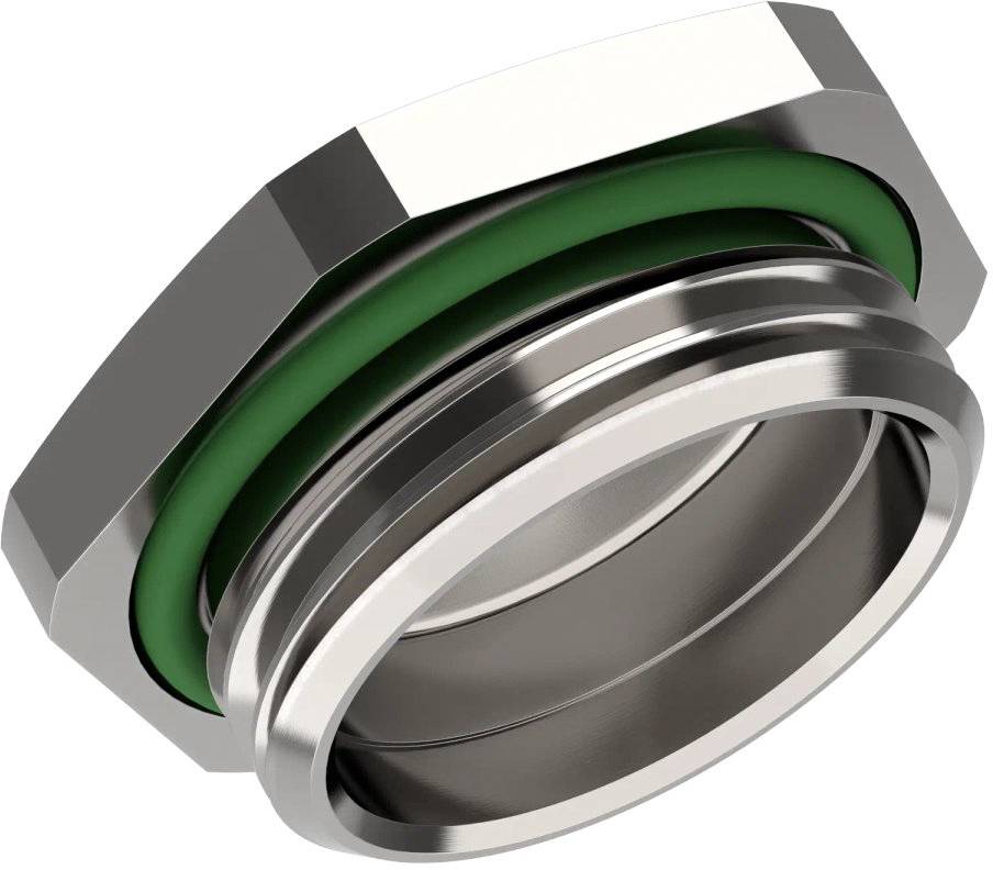 Metallisches Sechskantteil mit grünem Dichtungsring, vermutlich eine Schraubmutter oder ein Verschluss. Verwendet in mechanischen Anwendungen.