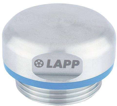 Aluminiumkabelklemmbuchse mit LAPP-Logo, silberfarben, blauer Streifen, verwendet zur Kabelbefestigung und Schutz in elektrischen Anwendungen.