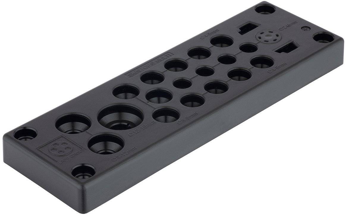 Rechteckige schwarze Kunststoffplatte mit mehreren runden und ovalen Öffnungen in verschiedenen Größen, vermutlich für Kabelmanagement.