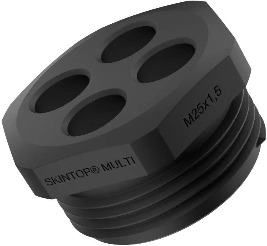 Schwarze Kabelverschraubung mit vier Öffnungen, gekennzeichnet mit 'SKINTOP® MULTI' und 'M25x1,5'.