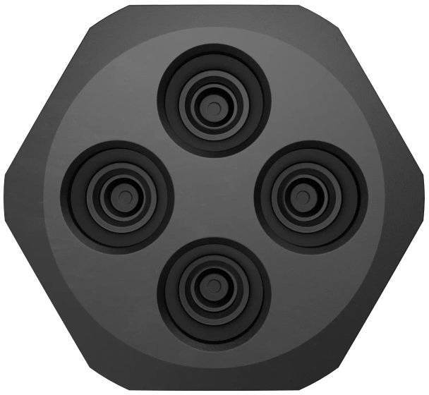 Schwarzes achteckiges Objekt mit vier konzentrischen Kreismustern in einem quadratischen Layout, erinnert an einen Kameravorbau.