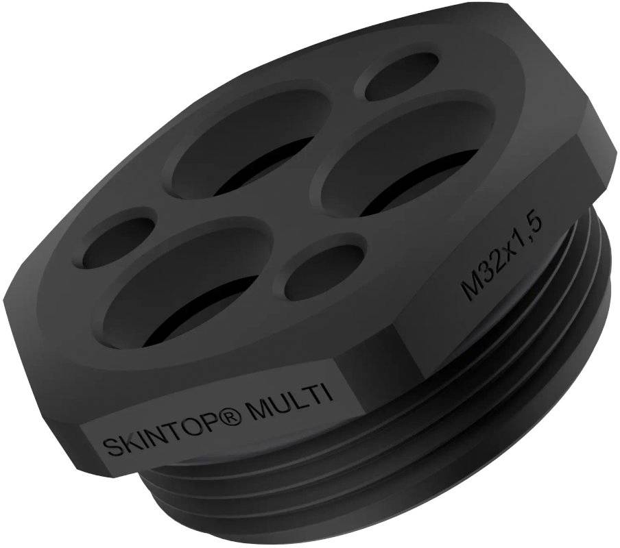 Schwarze Kabelverschraubung mit mehreren runden Öffnungen, geeignet für verschiedene Kabellängen. Bezeichnet mit 'SKINTOP MULTI M32x1.5'.