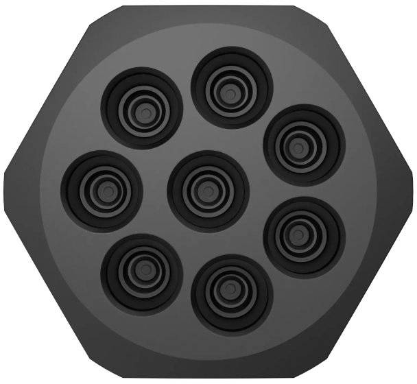 Acht konzentrische Kreise in einem sechseckigen Muster, das an Waben erinnert, auf grauem Hintergrund.