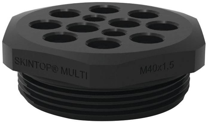 Ein schwarzer Kabeldurchlass mit mehreren runden Öffnungen, beschriftet mit 'SKINTOP® MULTI' und 'M40x1,5', zur Kabelbefestigung.