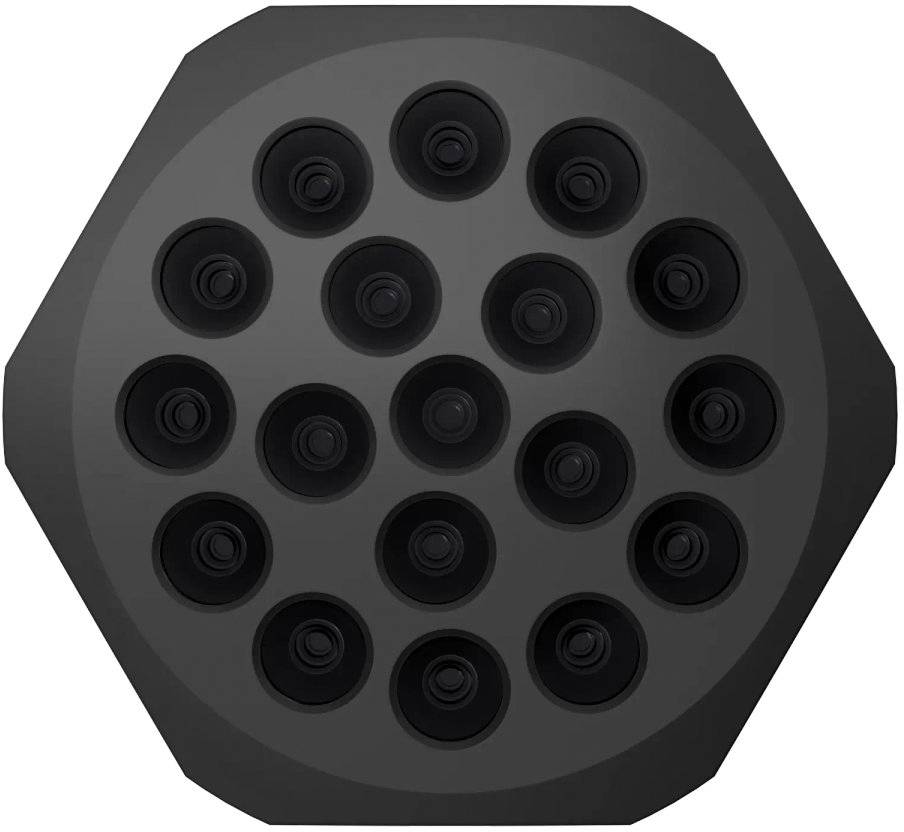 Eine schwarze, achteckige Anordnung von 16 kreisförmigen Linsen in symmetrischem Muster, möglicherweise für Kameratechnik.