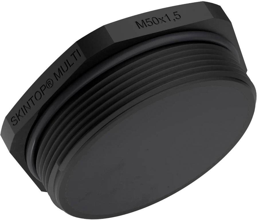 Schwarze Kunststoffkappe mit Beschriftung 'SKINTOP® MULTI M50x1.5', verwendet für Kabelabdichtungen zur sicheren Montage in Geräten.