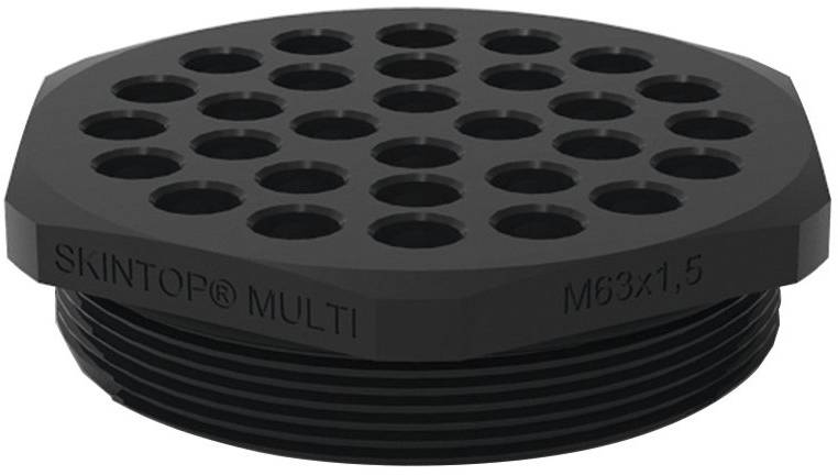 Rundes, schwarzes Kabelverschraubungselement mit mehreren Löchern zur Kabelführung. Aufschrift: 'SKINTOP® MULTI M63x1,5'.