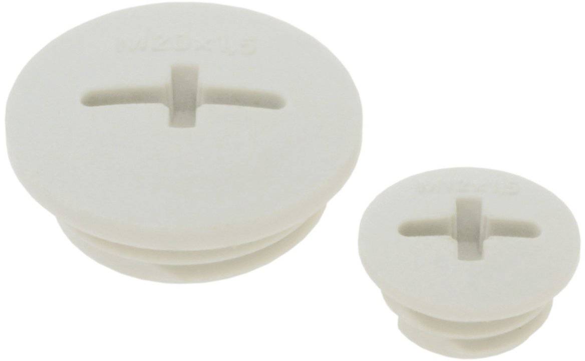Zwei weiße Kunststoffverschlussschrauben mit Schlitz, Größenunterschied sichtbar.