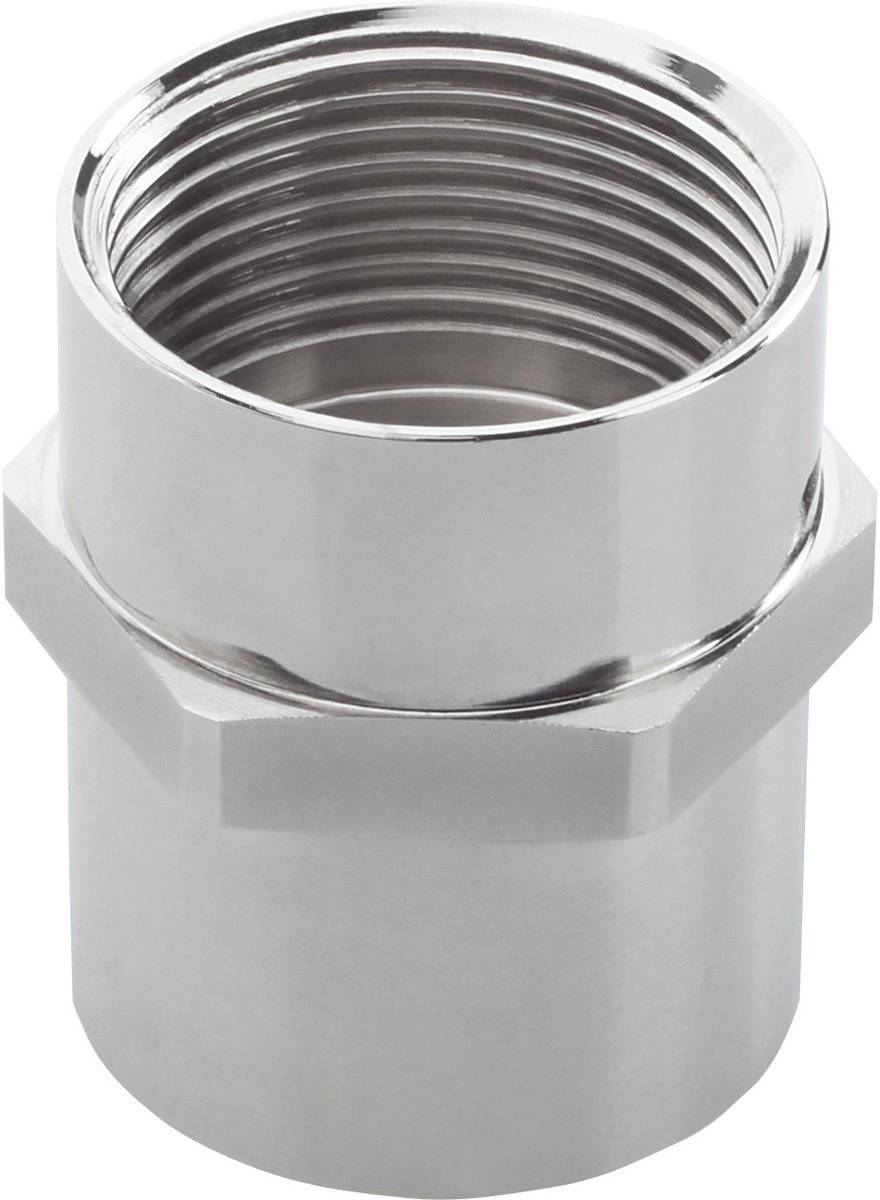 Ein silberner Metalladapter mit Innen- und Außengewinde, vermutlich zum Anschluss von Rohren oder Schläuchen in einem Sanitärsystem.