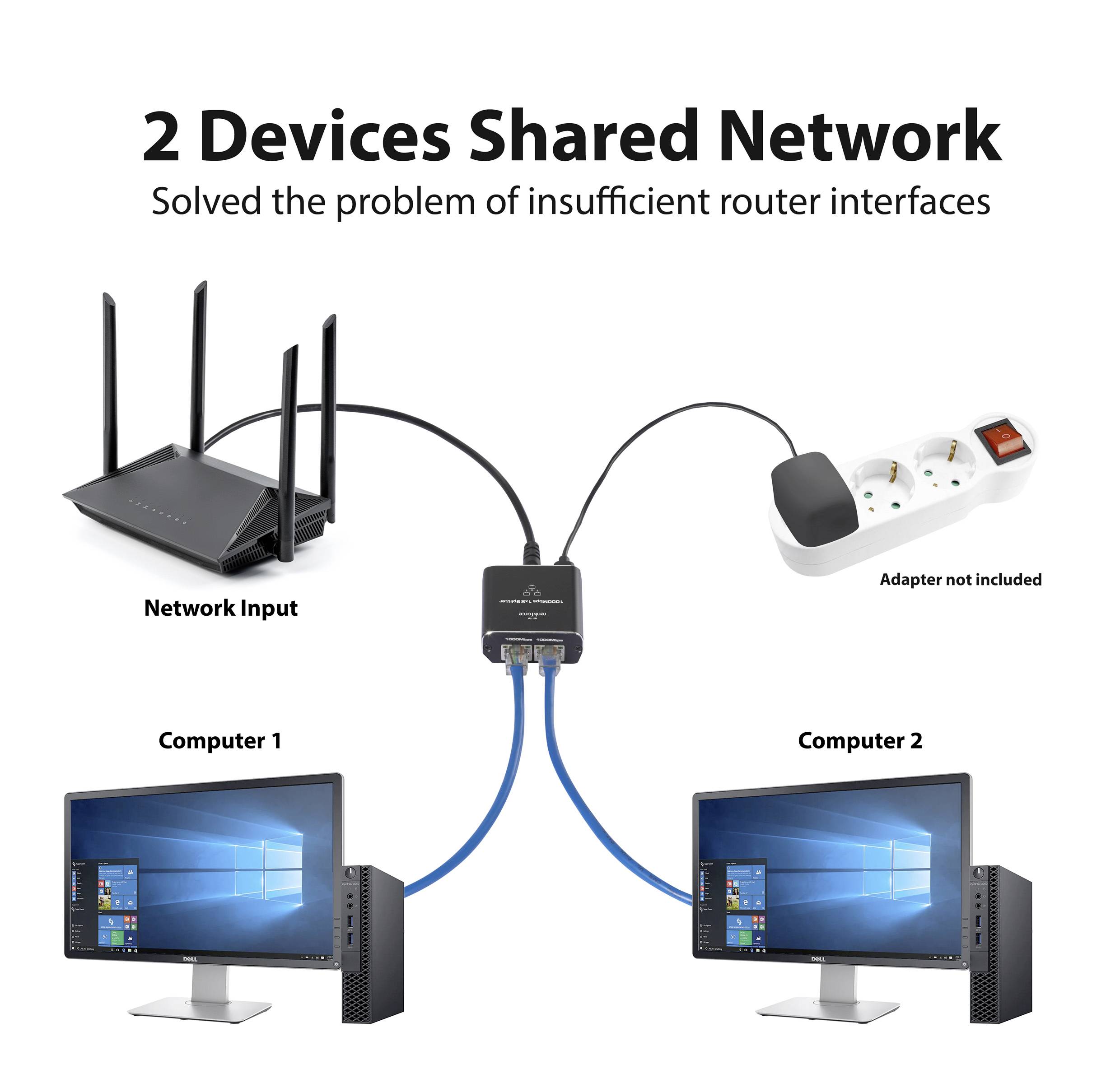 '2 Geräte teilen sich das Netzwerk. Lösen Sie das Problem unzureichender Router-Schnittstellen.' Zwei Computer teilen sich über einen Adapter das Internet vom Router.
