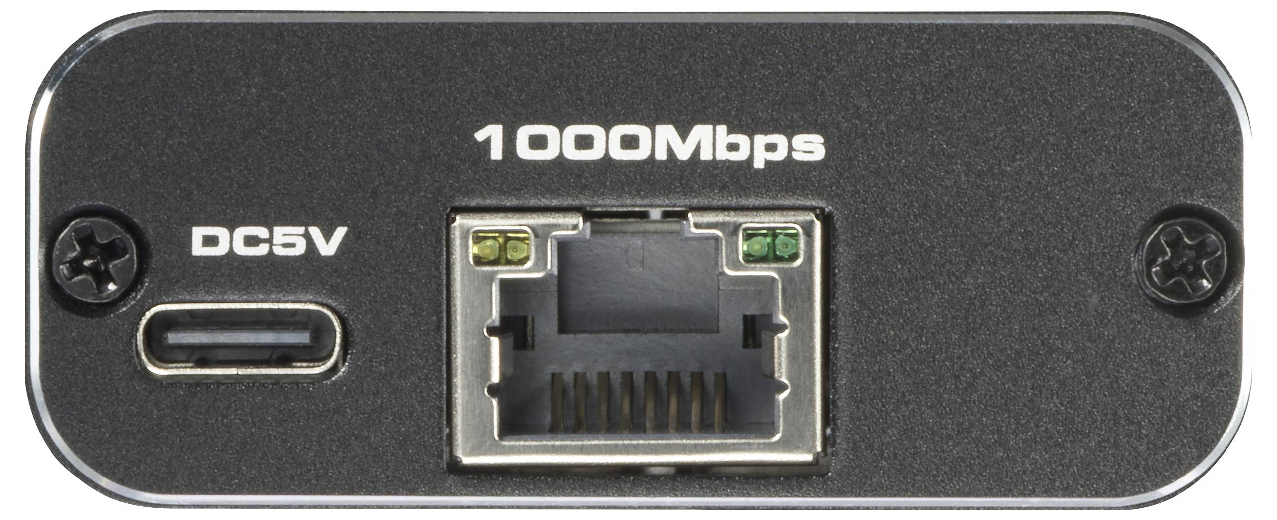 Eine schwarze Netzwerkadapter-Rückseite mit einem Ethernet-Anschluss, beschriftet mit '1000 Mbps', und einem USB-C-Eingang für DC 5V.