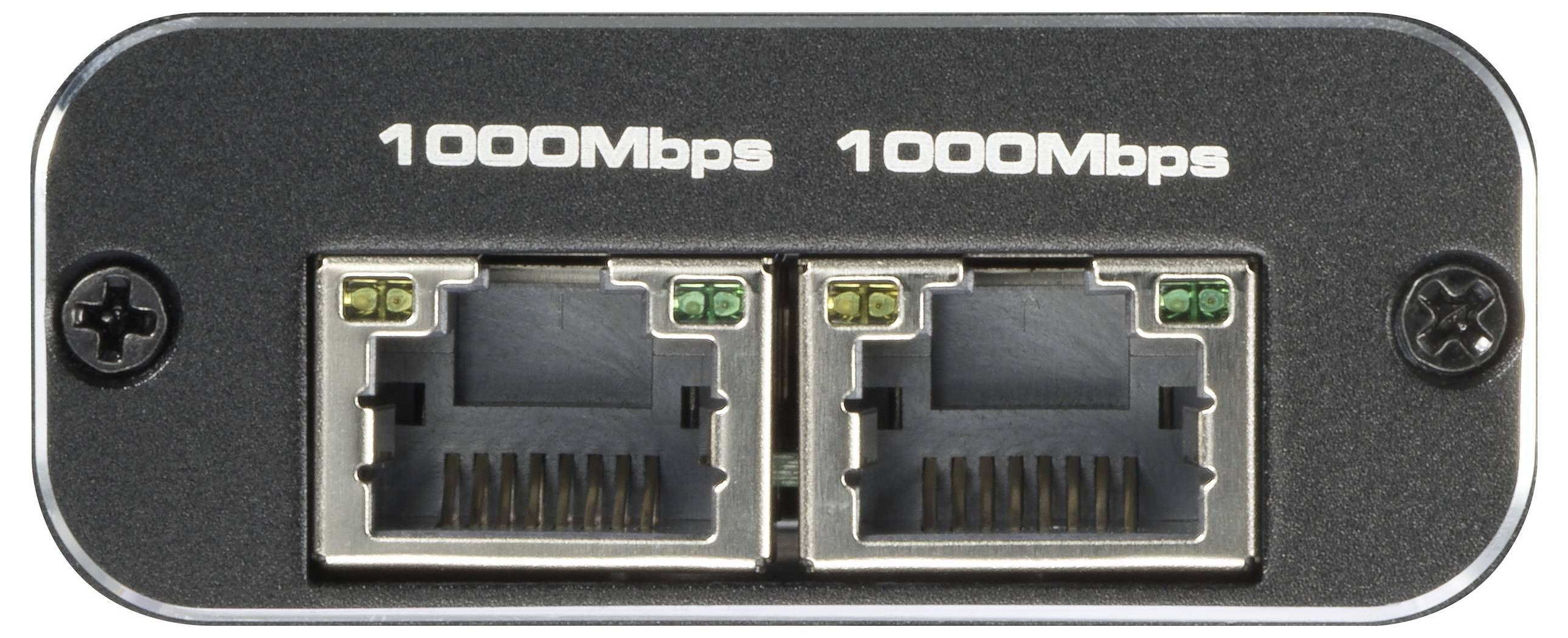Zwei Ethernet-Ports mit der Beschriftung '1000Mbps' auf einem schwarzen Gerät, symbolisieren schnelle Netzwerkverbindungen.