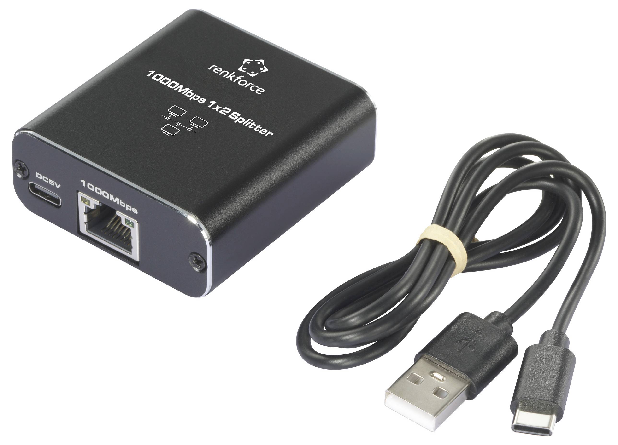 Ein '1000Mbps 1x2 Splitter' von renkforce, neben einem USB-Kabel. Der Splitter hat Anschlüsse: USB-C, Gigabit Ethernet und DC 5V.