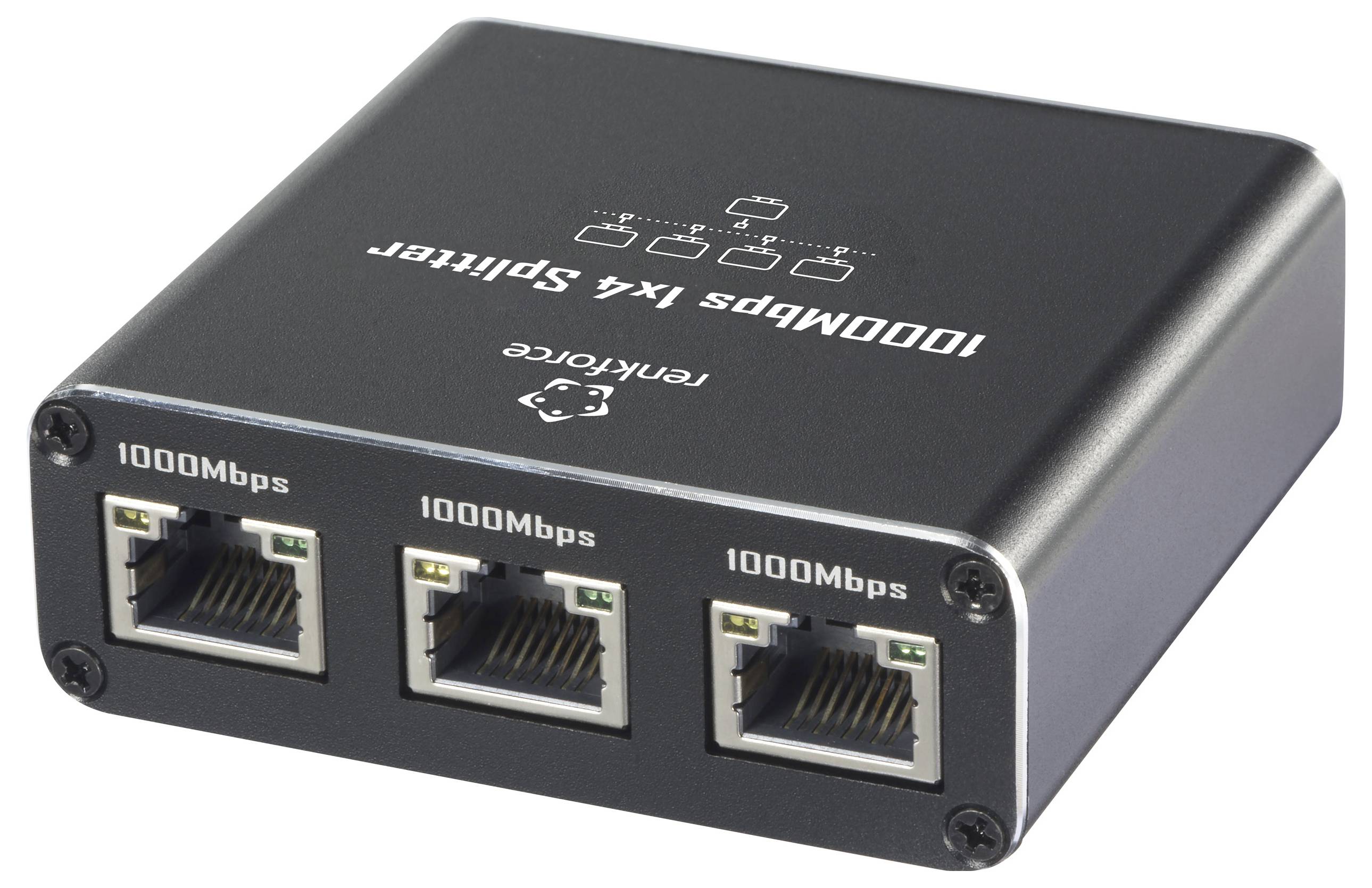 Dreifacher Netzwerk-Splitter mit drei RJ45-Anschlüssen, mit der Spezifikation 1000Mbps auf der Vorderseite gekennzeichnet.