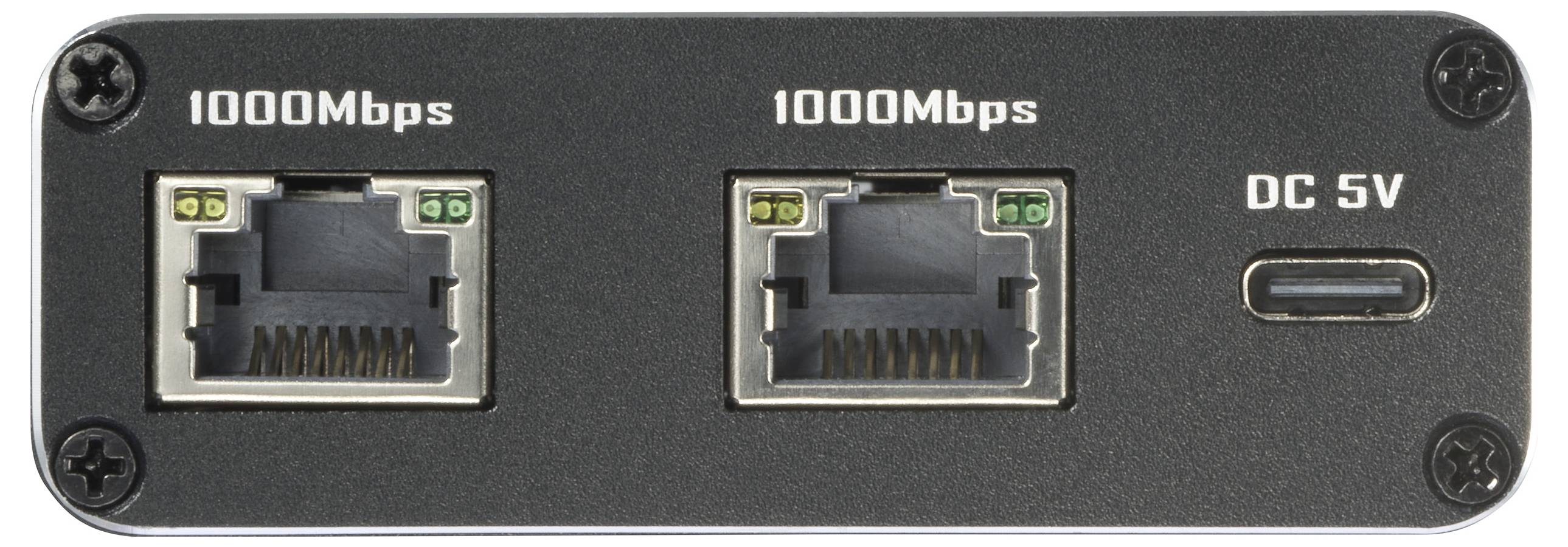 Netzwerkgerät hinten mit zwei Ethernet-Anschlüssen '1000 Mbps' und einem USB-C-Port 'DC 5V'.