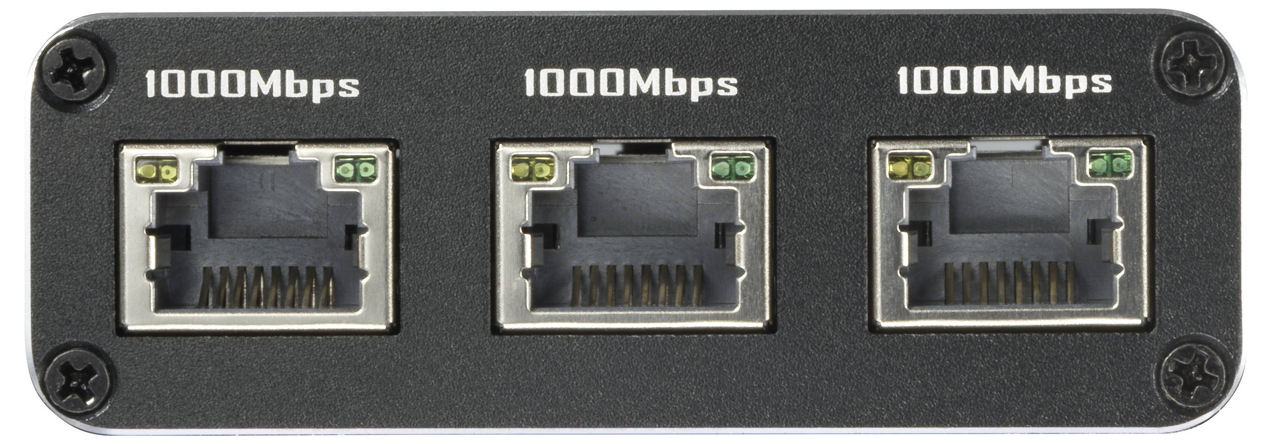 Drei Ethernet-Ports nebeneinander in einem schwarzen Gehäuse, alle mit der Markierung '1000 Mbps'.