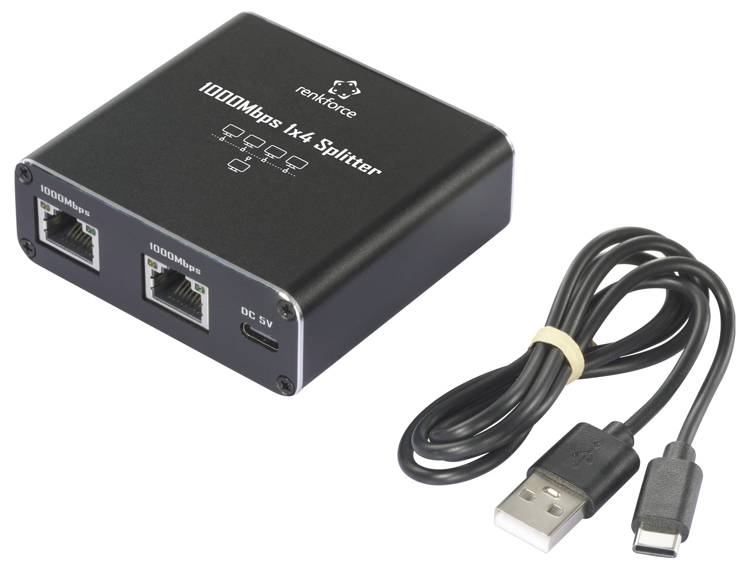 Schwarzer 1000Mbps 1x4 Splitter mit zwei Ethernet-Anschlüssen und einem DC 5V Anschluss, daneben ein USB zu USB-C Kabel.