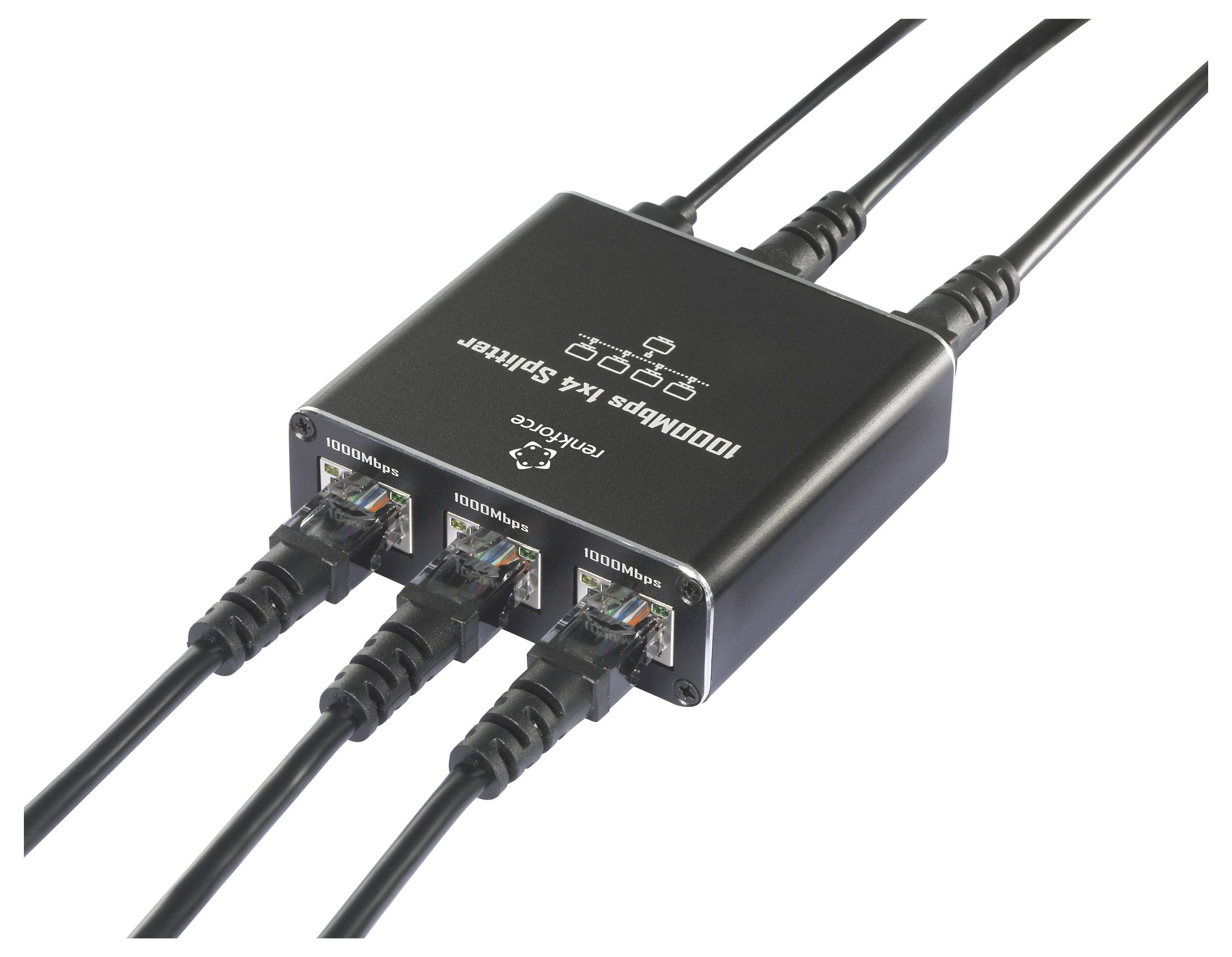 Gigabit LAN Splitter mit drei Ethernet-Anschlüssen und Kabel in schwarzem Gehäuse. Ermöglicht die Verteilung eines Netzwerksignals.