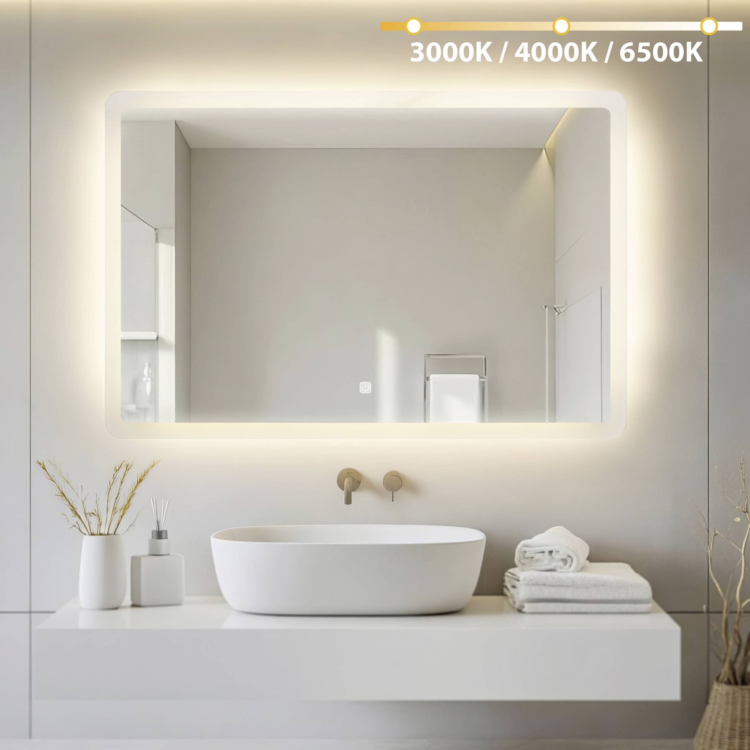 Beleuchteter Badezimmerspiegel mit Farbtemperaturen 3000K, 4000K, 6500K; modernes Design, Waschbecken und Handtücher darunter.