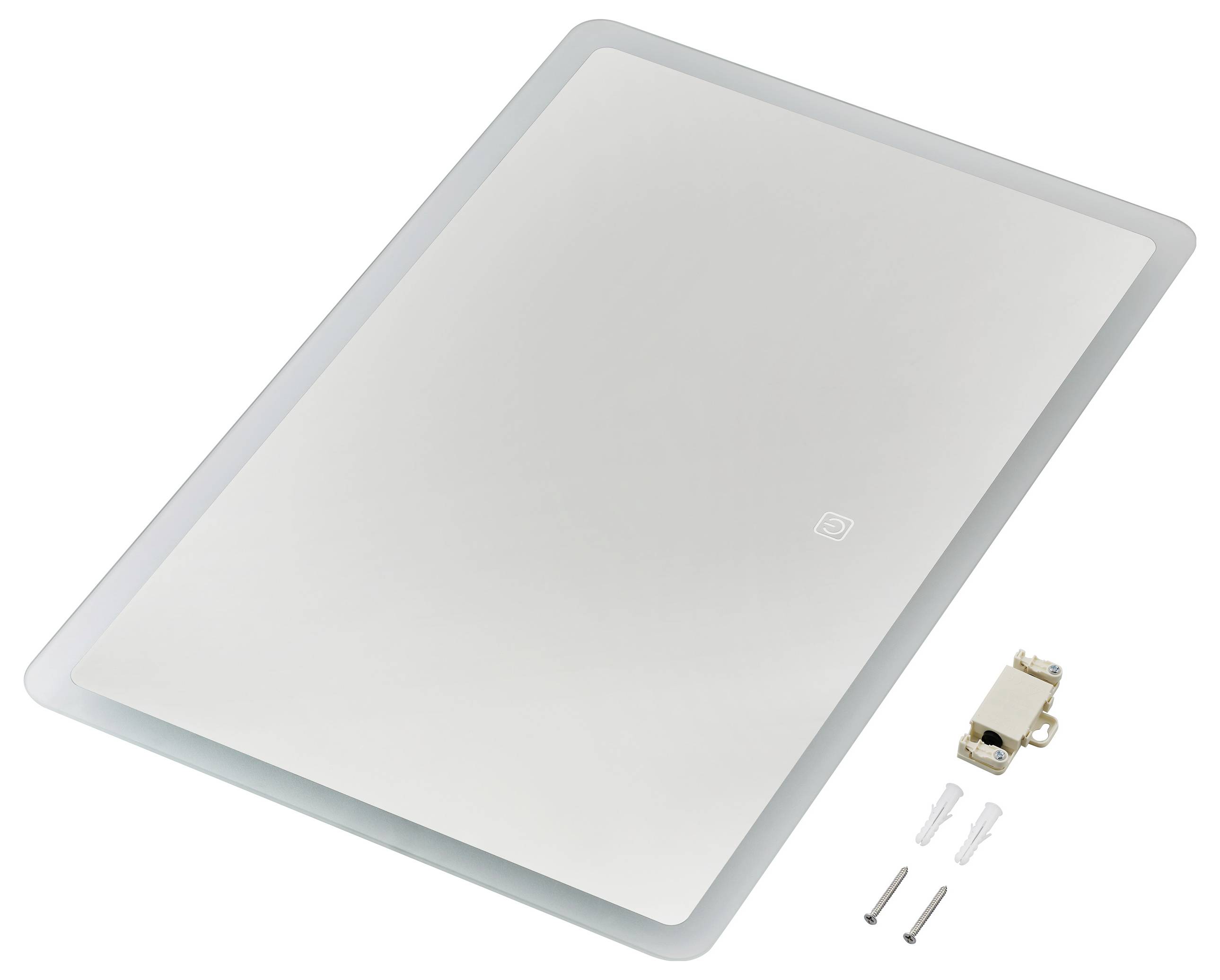 Weißes rechteckiges Wärmeleitpad mit abgerundeten Ecken, daneben Befestigungsmaterial bestehend aus einer Klemme und zwei Schrauben.