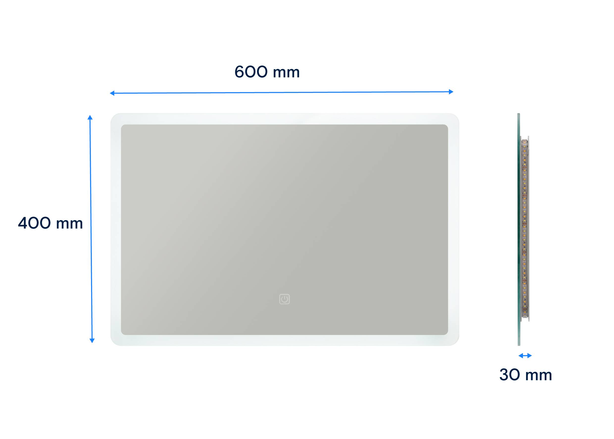 Das Bild zeigt einen rechteckigen Spiegel mit den Maßen 600 mm Breite, 400 mm Höhe und 30 mm Tiefe.