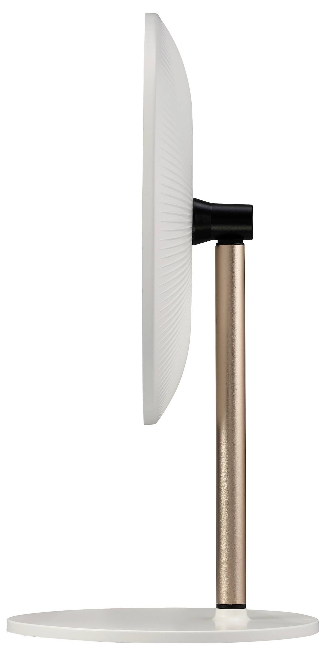 Seitenansicht eines dünnen Monitors mit bronzefarbenem Ständer, auf weißem Hintergrund.