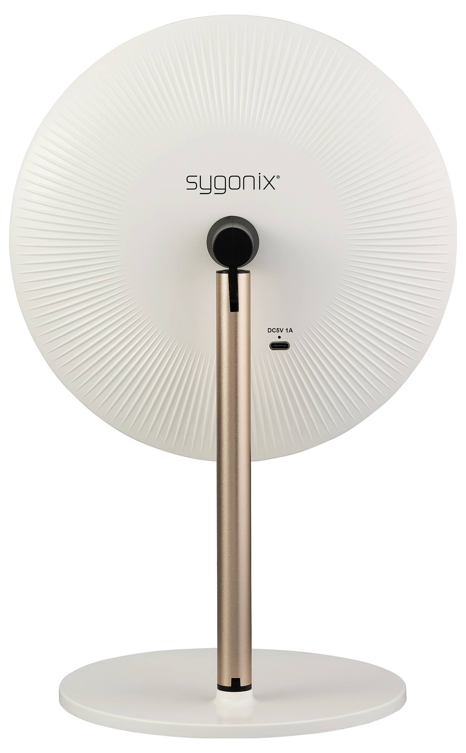 Hinteransicht eines weißen Ventilators mit Metallstab; Marke 'sygonix'.