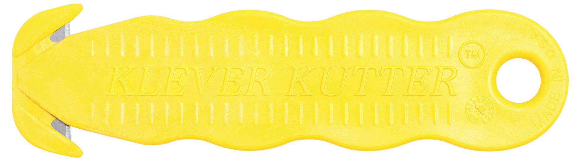 Gelber Sicherheitskutter mit welliger Kante und der Aufschrift 'Klever Kutter'. Eignet sich zum sicheren Schneiden von Verpackungen.