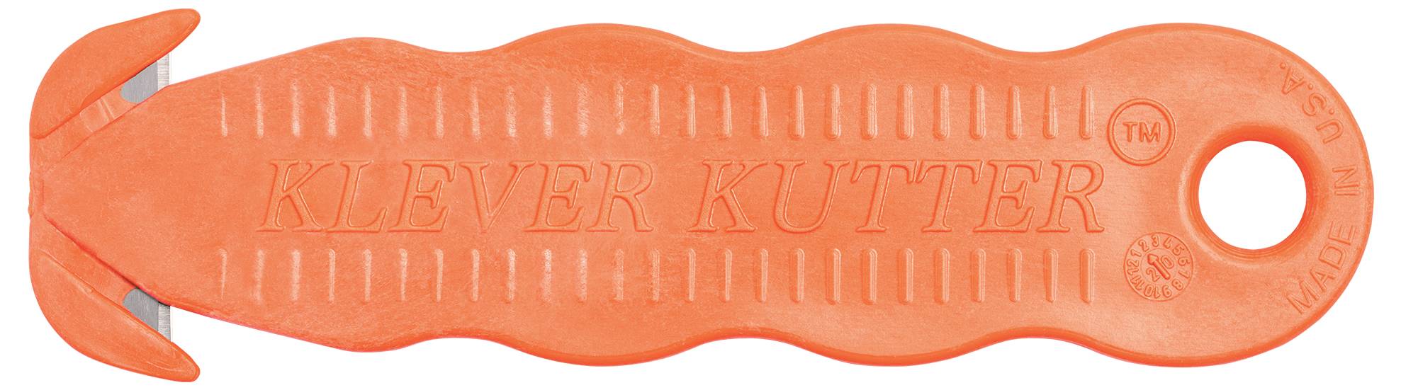 Oranger Sicherheitskutter mit geschwungener Klinge und ergonomischem Griff, auf dem 'KLEVER KUTTER' steht.