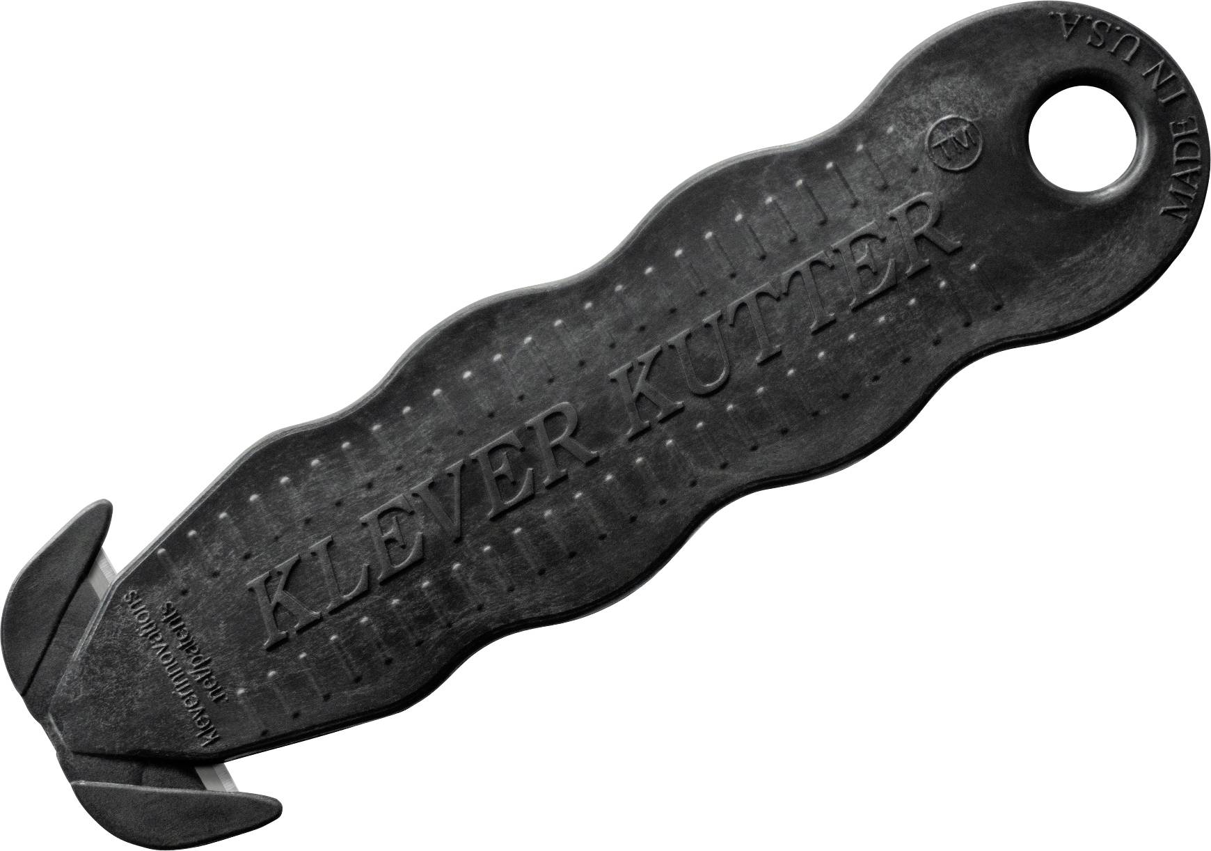 Ein schwarzer Sicherheitsmesser mit der Aufschrift 'Klever Kutter' auf dem Griff, geeignet zum Schneiden von Verpackungsmaterialien.