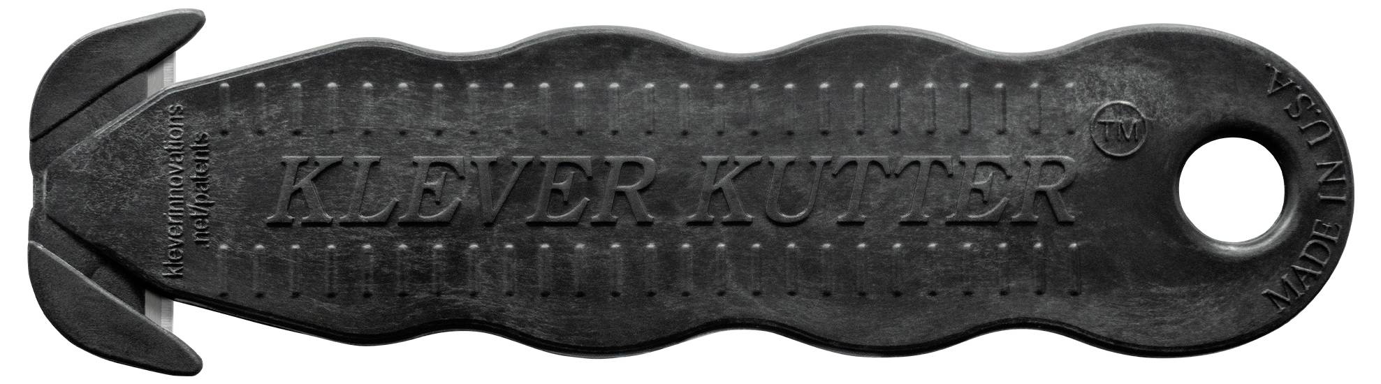 Schwarzer Sicherheitsschneider mit gezahnter Klinge, Aufschrift 'KLEVER KUTTER', wellenförmiger Griff und Loch für Aufbewahrung.