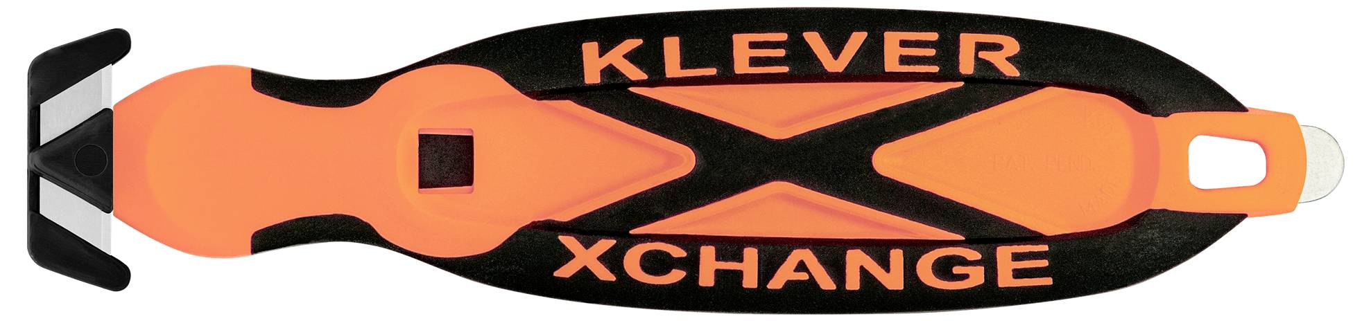 Schere mit orange-schwarzem Griff, beschriftet mit 'Klever XChange'. Spezielles Design zum einfachen Austausch der Klingen.